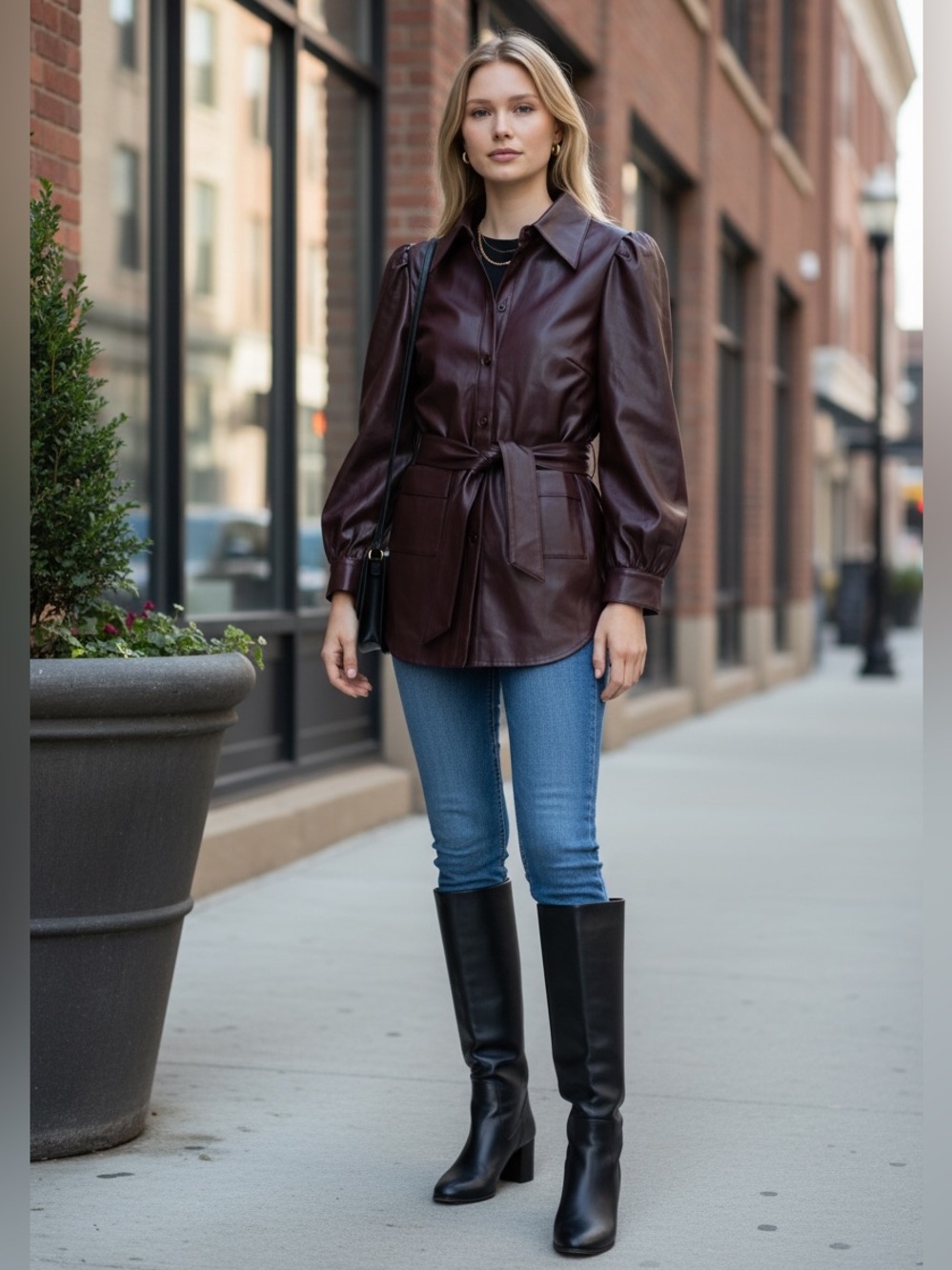 Misook Deep Burgundy Faux Leather Belted Shirt Jacket